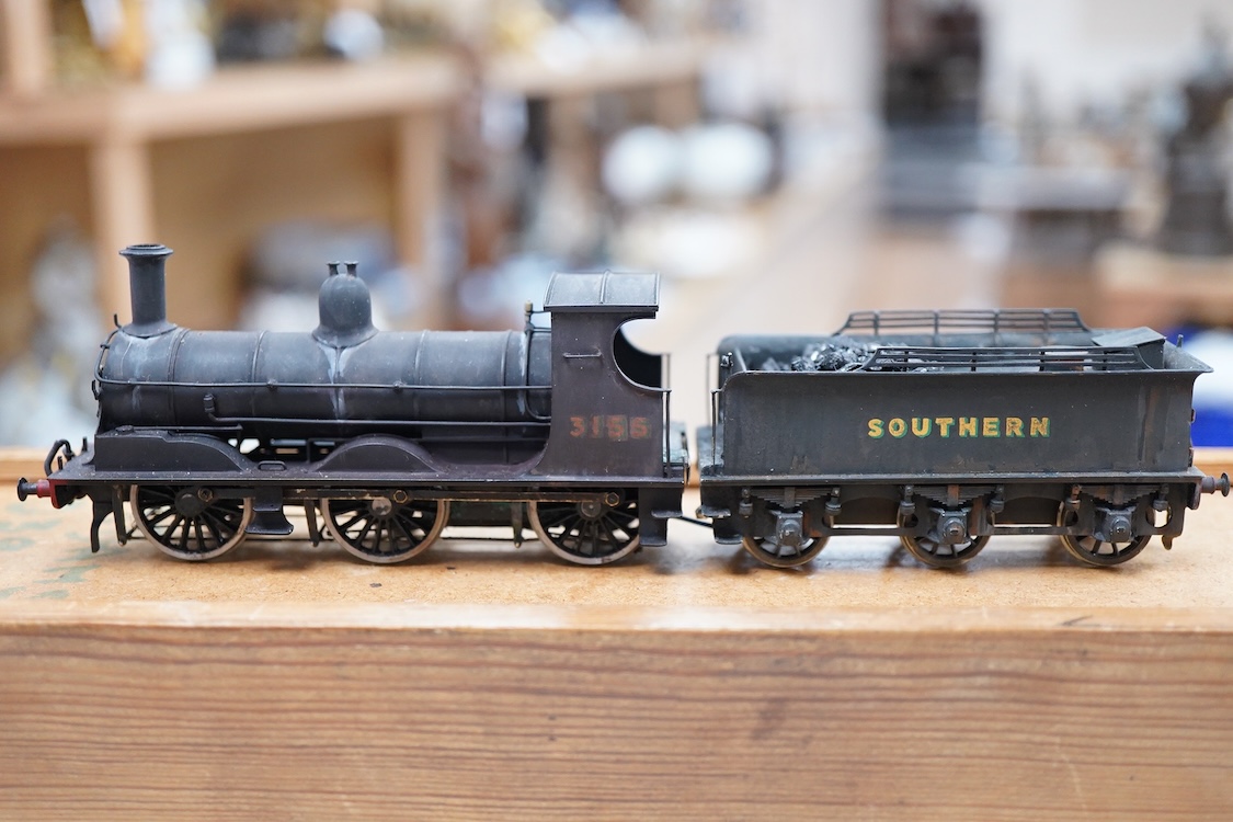 An EM gauge scratch built model railway locomotive by John Worsley, a Southern Railway Adams Class 415 0-6-0, 3155, a detailed model with opening smoke box door showing the details of the blast pipe and boiler tube ends,